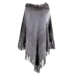 poncho perles col fourrure
