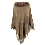 poncho en laine avec col en fourrure